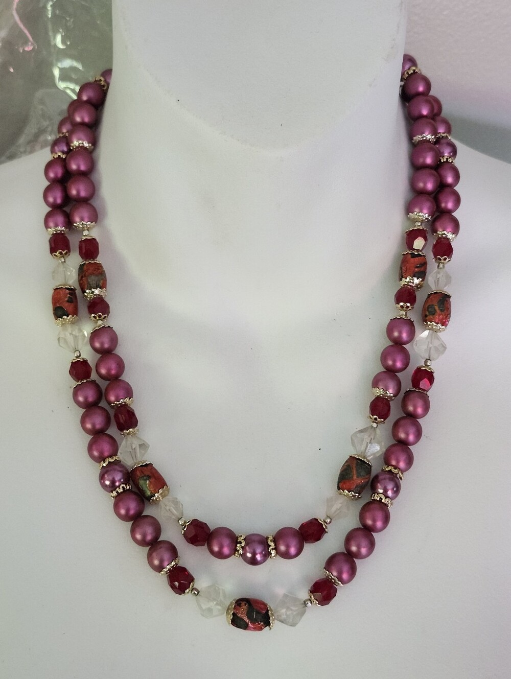 Vtg Elegant Magenta Pink & Clear Double-Strand Beaded Necklace